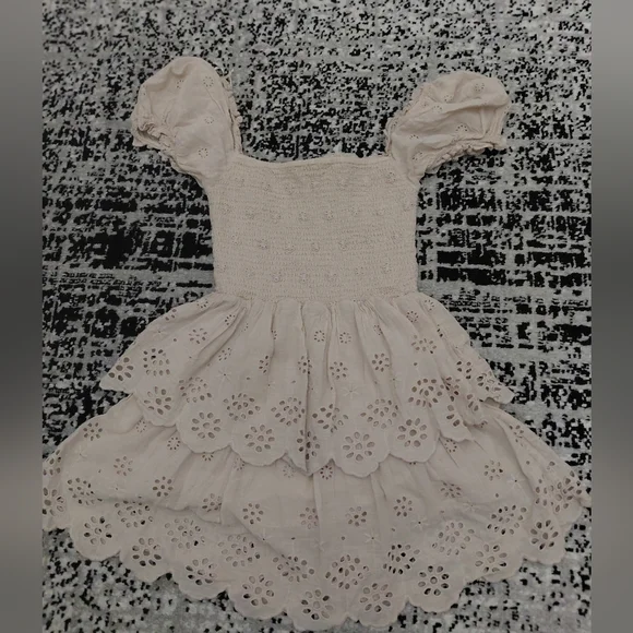 Bershka Size S Cream Tiered Ruffle Dress Eyelet Smocked Puff Sleeve - Picture 14 of 15